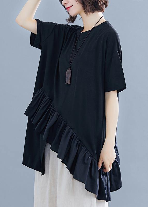 Black Cotton Clothes for Ruffles Asymmetric Midi Summer Blouses