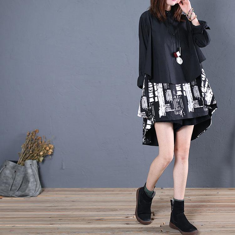 Black Cotton Clothes for Patchwork Daily Fall Long Shirt