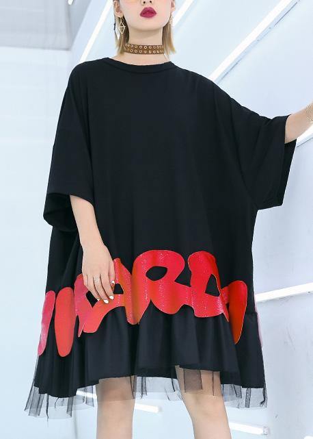 Black Cotton Clothes for Red Alphabet Prints Tunic Summer Shirt