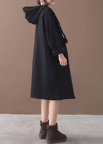 Black Cotton Clothes Hooded Long Winter Dress