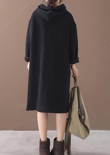 Black Cotton Clothes Hooded Long Winter Dress