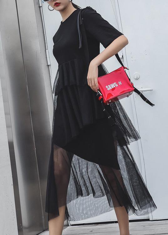 Black Cotton Clothes Patchwork Tulle Maxi Summer Dresses