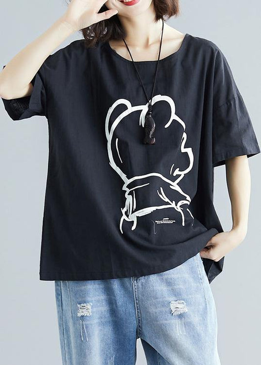 Black Cotton Crane Tops Short Sleeve Art Summer Blouses