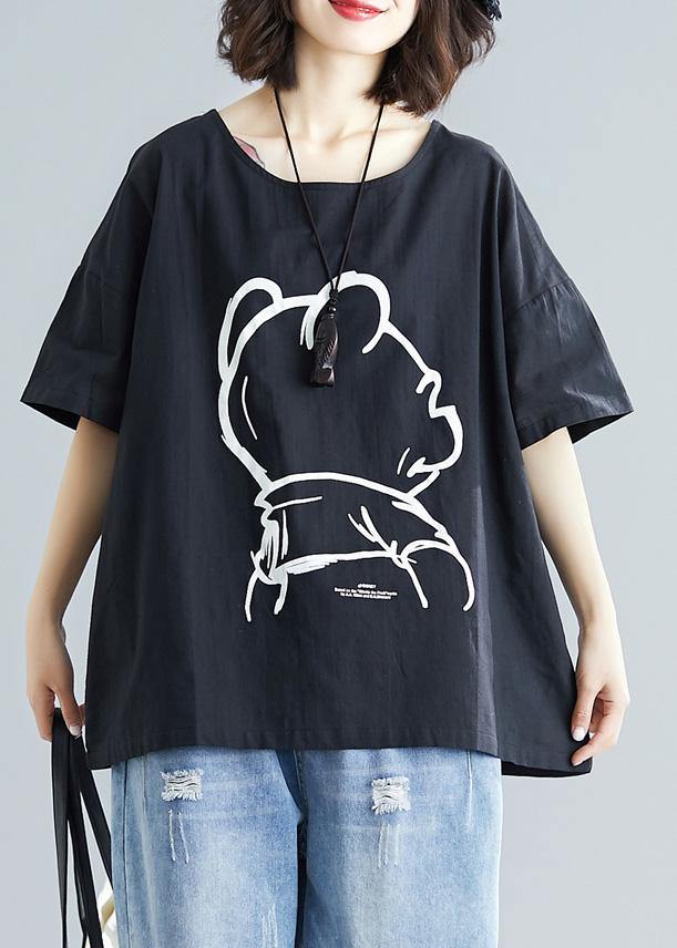 Black Cotton Crane Tops Short Sleeve Art Summer Blouses