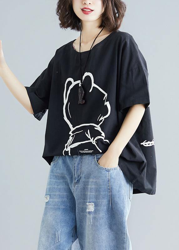 Black Cotton Crane Tops Short Sleeve Art Summer Blouses