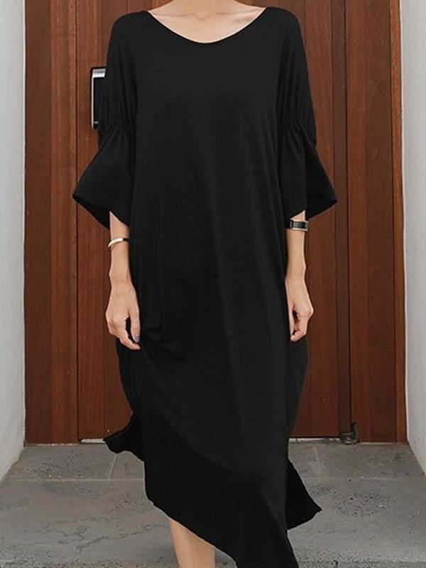 Black Cotton Dresses O Neck Cinched Kaftan Summer Dresses