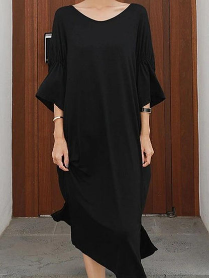 Black Cotton Dresses O Neck Cinched Kaftan Summer Dresses