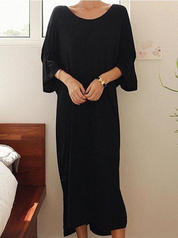 Black Cotton Dresses O Neck Cinched Kaftan Summer Dresses