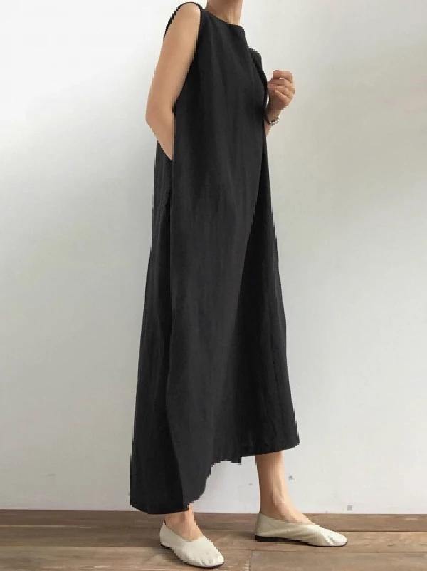 Black Cotton Linen Robes O Neck Side Open Cotton Robes Dresses
