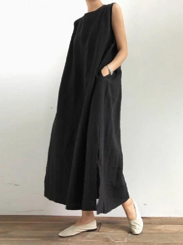 Black Cotton Linen Robes O Neck Side Open Cotton Robes Dresses