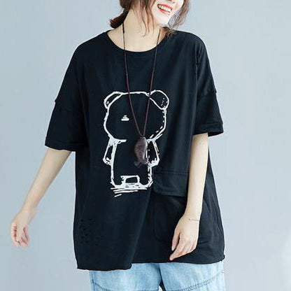 Black Cotton Linen Tops Fine Neckline Batwing Sleeve O Neck Box Shirts