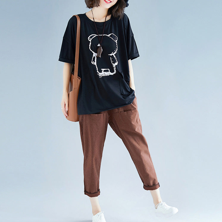 Black Cotton Linen Tops Fine Neckline Batwing Sleeve O Neck Box Shirts