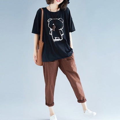 Black Cotton Linen Tops Fine Neckline Batwing Sleeve O Neck Box Shirts