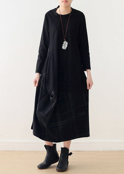 Black Cotton Quilting Clothes Fitted Pattern O Neck False Two Pieces Maxi Spring Dresses
