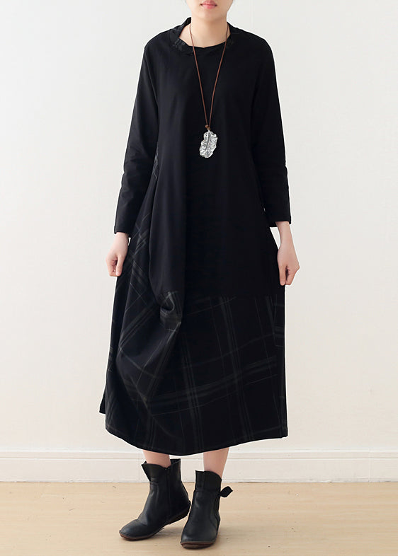 Black Cotton Quilting Clothes Fitted Pattern O Neck False Two Pieces Maxi Spring Dresses