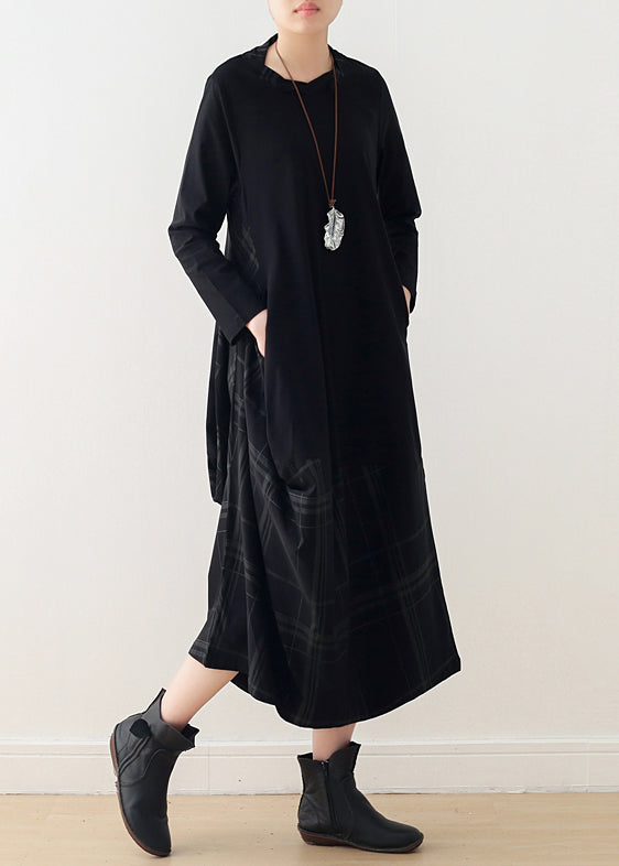Black Cotton Quilting Clothes Fitted Pattern O Neck False Two Pieces Maxi Spring Dresses