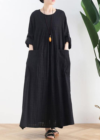 Black Cotton Quilting Dresses O Neck Batwing Sleeve Maxi Dresses