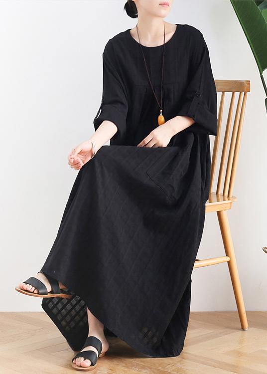 Black Cotton Quilting Dresses O Neck Batwing Sleeve Maxi Dresses
