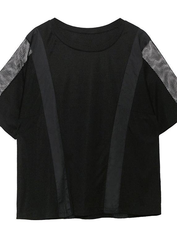 Black Cotton Shirts O Neck Patchwork Tulle Summer Blouses