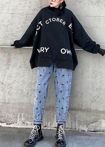 Women black cotton shirts patchwork alphabet loose spring tops