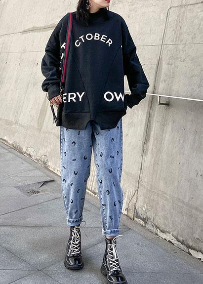 Black Cotton Shirts Patchwork Alphabet Loose Spring Tops