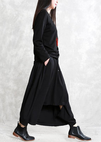 Black Cotton Skirt Elastic Waist Asymmetric Skirt