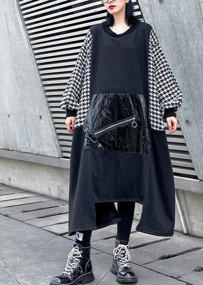 Black Cotton Tunic Dress Asymmetric Hem a Line Patchwork Dresses