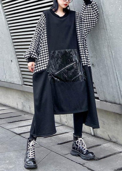 Black Cotton Tunic Dress Asymmetric Hem a Line Patchwork Dresses