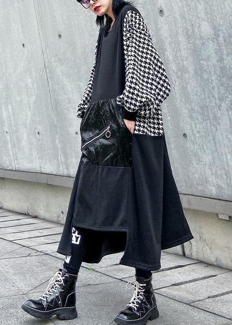 Black Cotton Tunic Dress Asymmetric Hem a Line Patchwork Dresses
