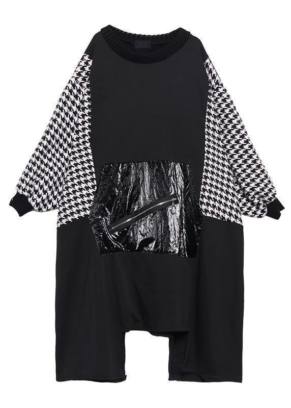 Black Cotton Tunic Dress Asymmetric Hem a Line Patchwork Dresses