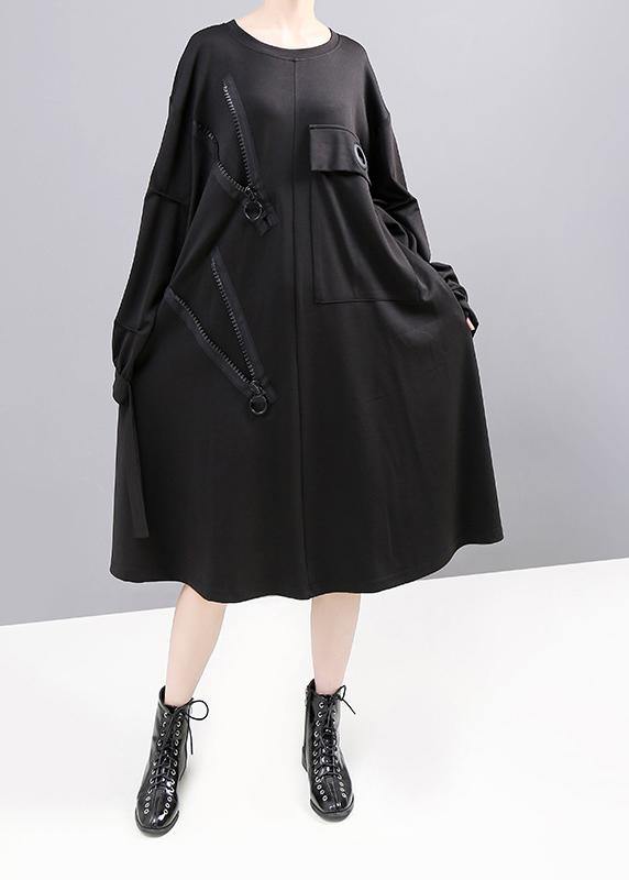 Black Cotton Tunic Pattern Big Pockets Long Zippered Dresses