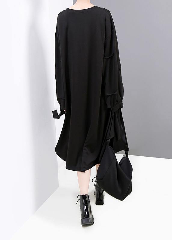 Black Cotton Tunic Pattern Big Pockets Long Zippered Dresses