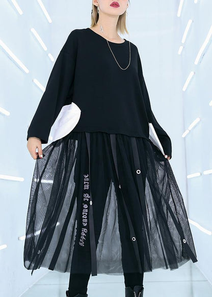 Black Cotton Tunic Top Patchwork Traveling Summer Dress
