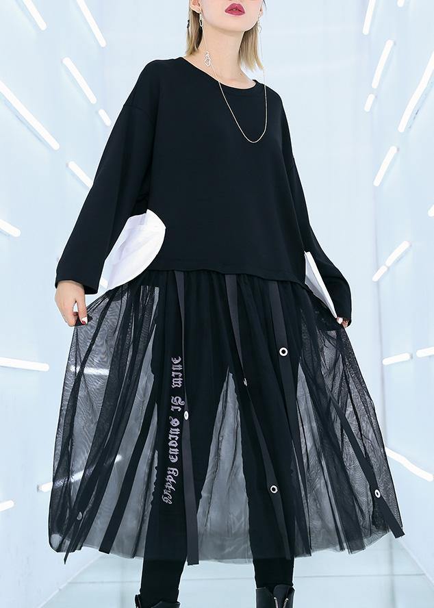 Black Cotton Tunic Top Patchwork Traveling Summer Dress