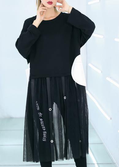 Black Cotton Tunic Top Patchwork Traveling Summer Dress