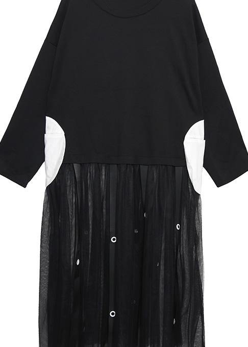 Black Cotton Tunic Top Patchwork Traveling Summer Dress