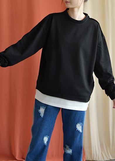 Black Cotton Blouses O Neck False Two Pieces Fall Shirts