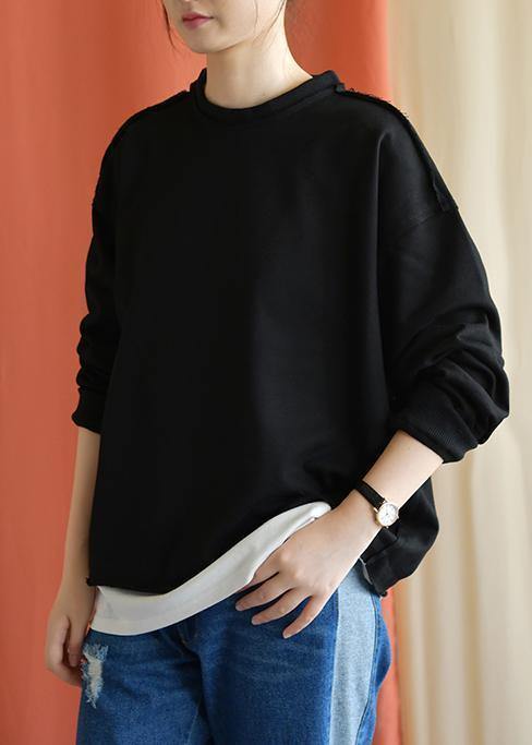 Women black cotton women blouses o neck false two pieces fall shirts