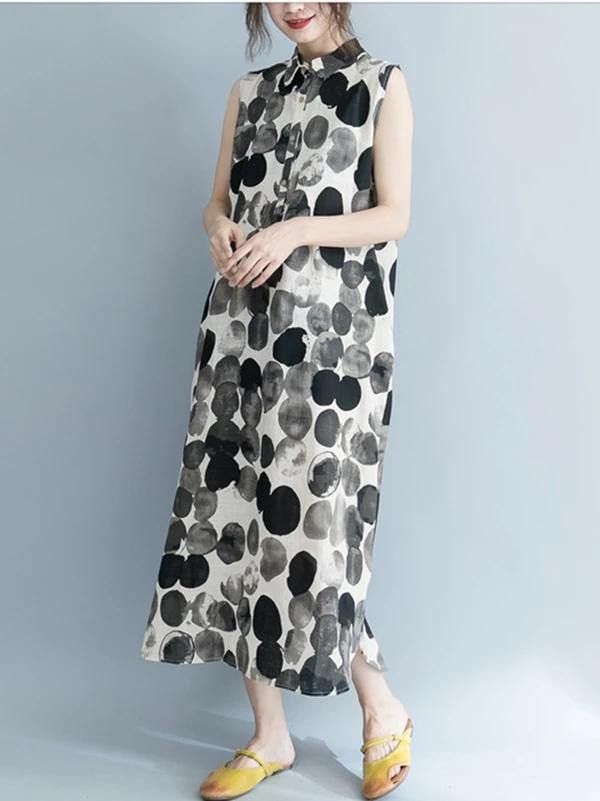 Black Dotted Cotton Quilting Clothes Turn-down Collar Sleeveless Dresses