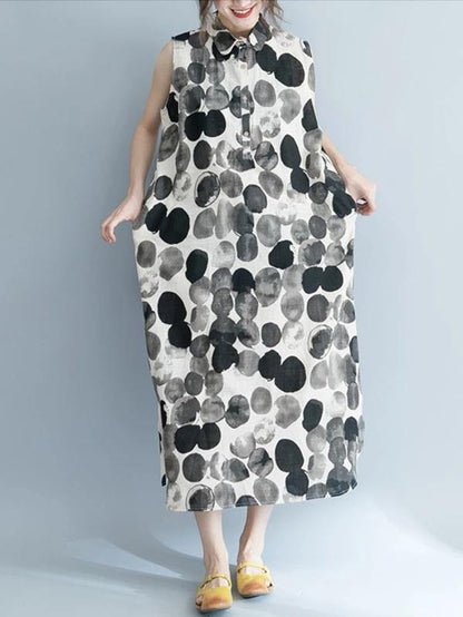 Black Dotted Cotton Quilting Clothes Turn-down Collar Sleeveless Dresses