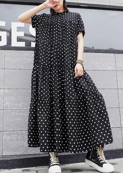 Black Dotted Cotton Dress Stand Collar Maxi Summer Dress