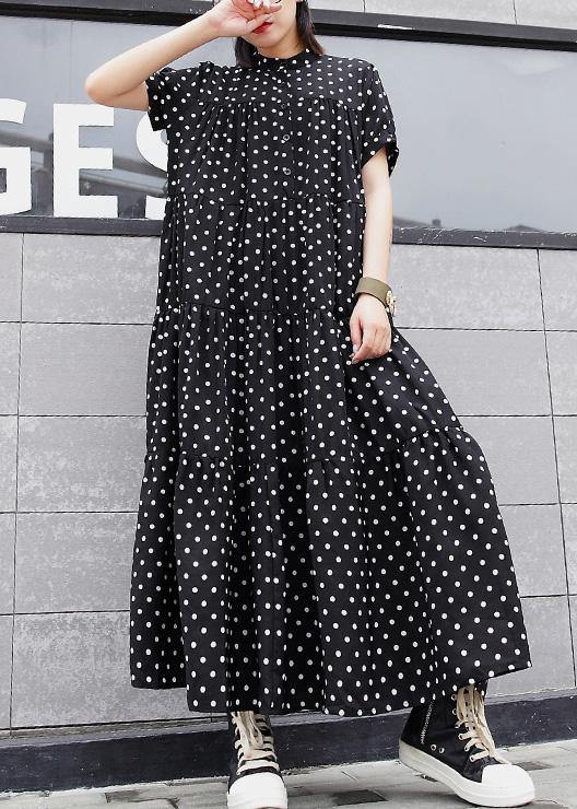 Black Dotted Cotton Dress Stand Collar Maxi Summer Dress