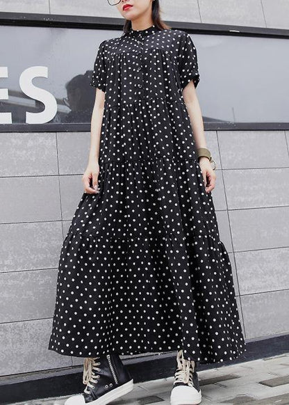 Black Dotted Cotton Dress Stand Collar Maxi Summer Dress