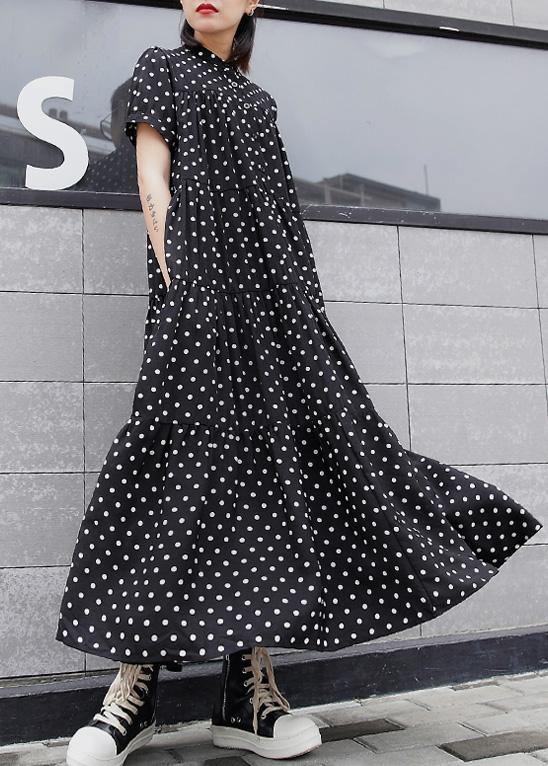 Black Dotted Cotton Dress Stand Collar Maxi Summer Dress