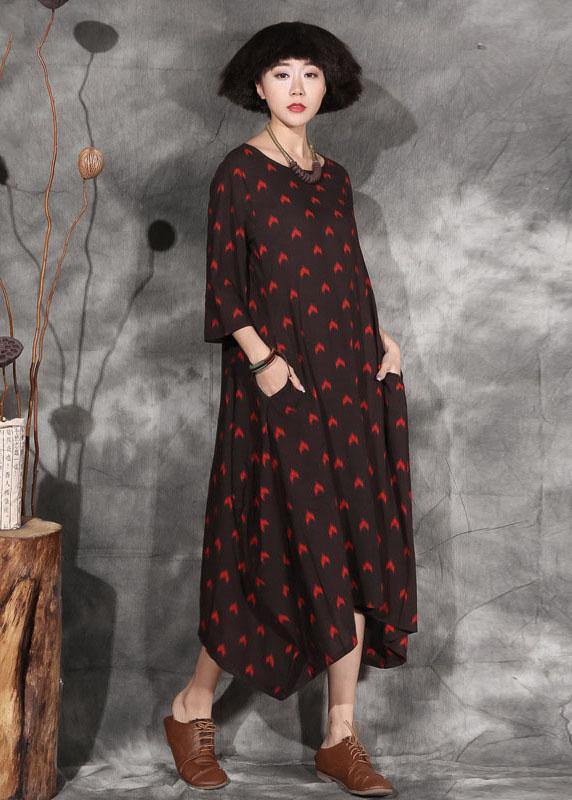 Black Dotted Linen Outfit Bracelet Sleeved a Line Asymmetric Hem Dress