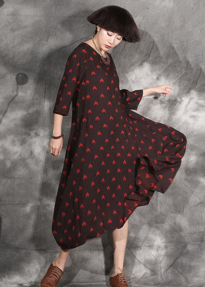 Black Dotted Linen Outfit Bracelet Sleeved a Line Asymmetric Hem Dress