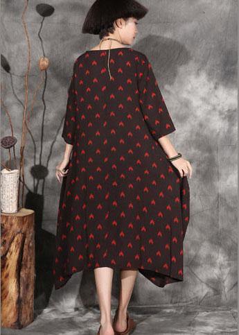 Black Dotted Linen Outfit Bracelet Sleeved a Line Asymmetric Hem Dress