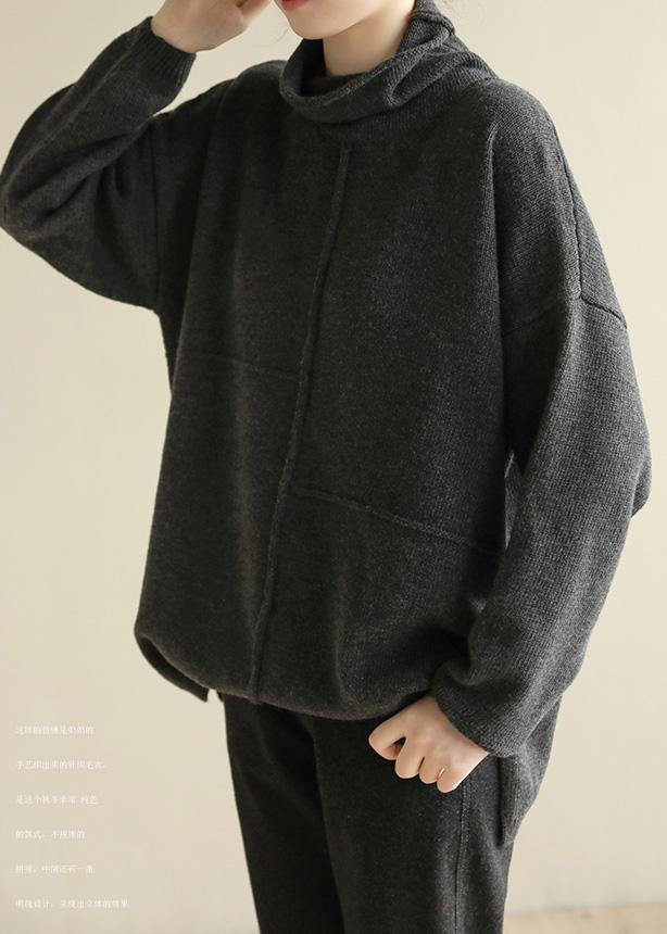 Black Gray Knitted Clothes Patchwork Turtleneck Knit Tops