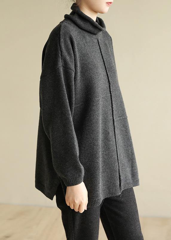 Black Gray Knitted Clothes Patchwork Turtleneck Knit Tops