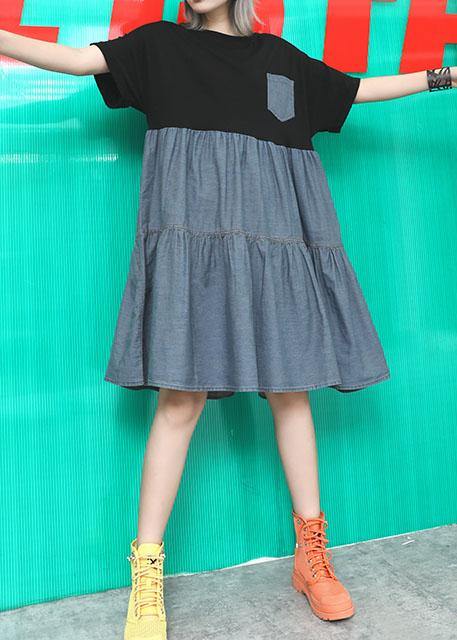 Black High Waist Cotton Tunics Patchwork Robe Summer Dress